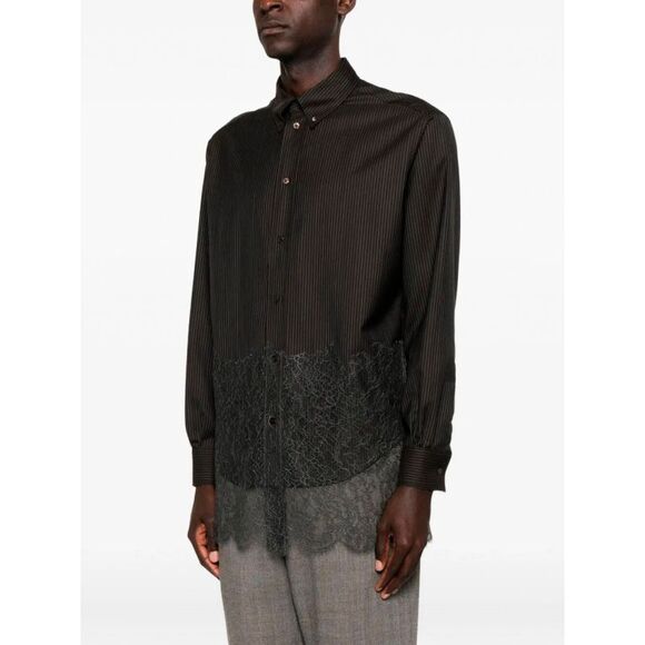 Fendi Men Wool Shirt With Stripes And Lace